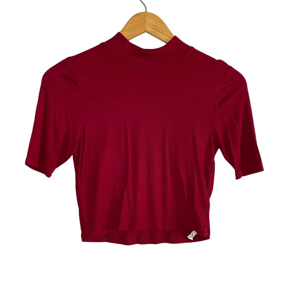 Cotton On Deep Red Ribbed Mock Neck Short Sleeve Crop Top